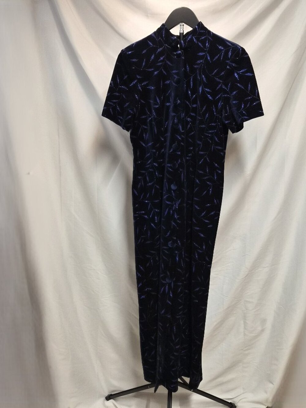 Another Thyme‎ VTG Y2K 2000 Blue Velour Glitter Leaf Maxi Dress Size 8